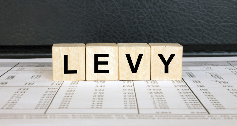 Levy spelled in wooden blocks on top of financial sheets