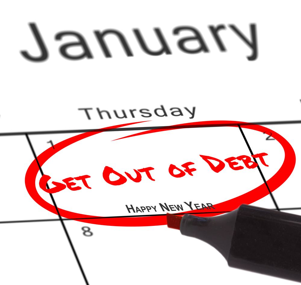 Jan 1 circled in red on calendar with "get out of debt" written over it