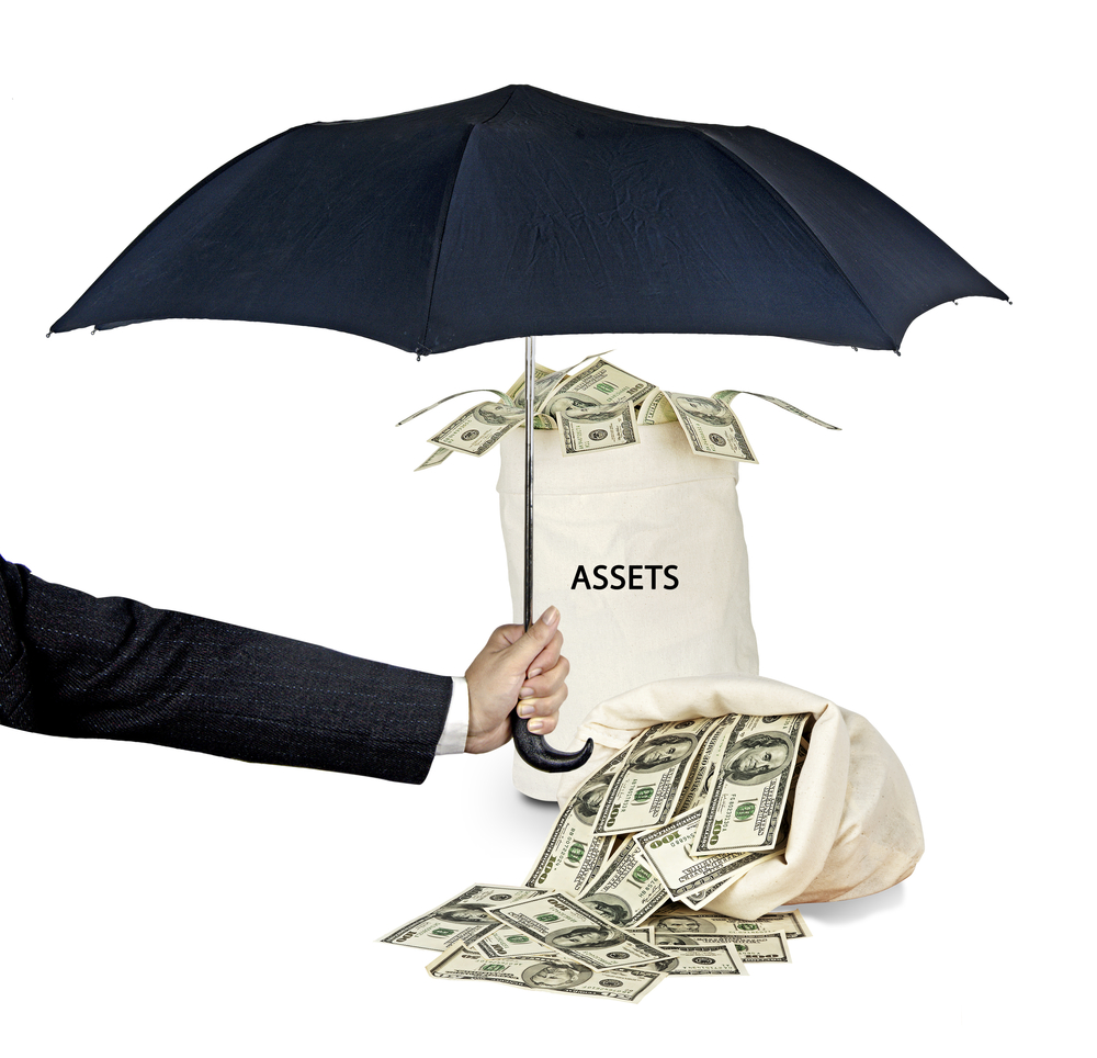 Hand holding umbrella over bags of money labeled Assets
